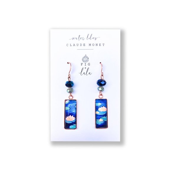 Water Lilies Earrings Claude Monet Handmade Art Pink Blue Glass Labradorite - Picture 7 of 7